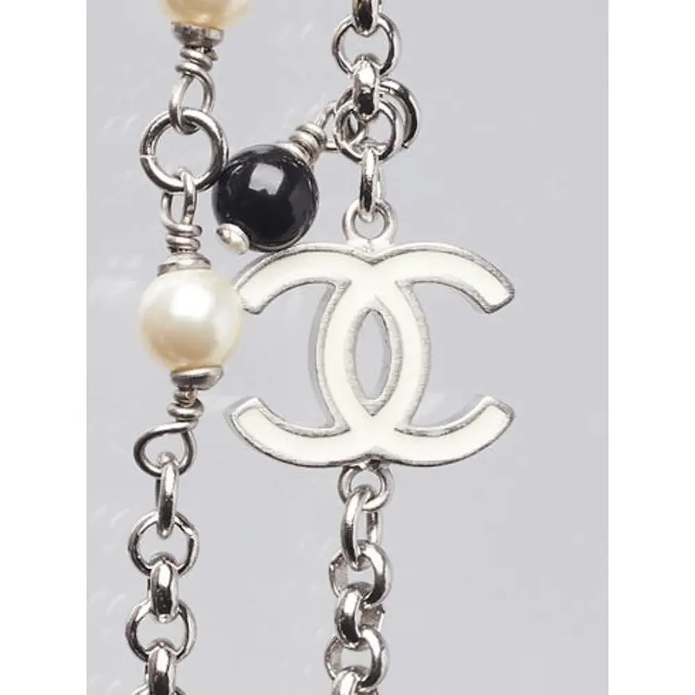 Chanel Silver-tone Beaded Faux Pearl Interlocking CC Long Necklace